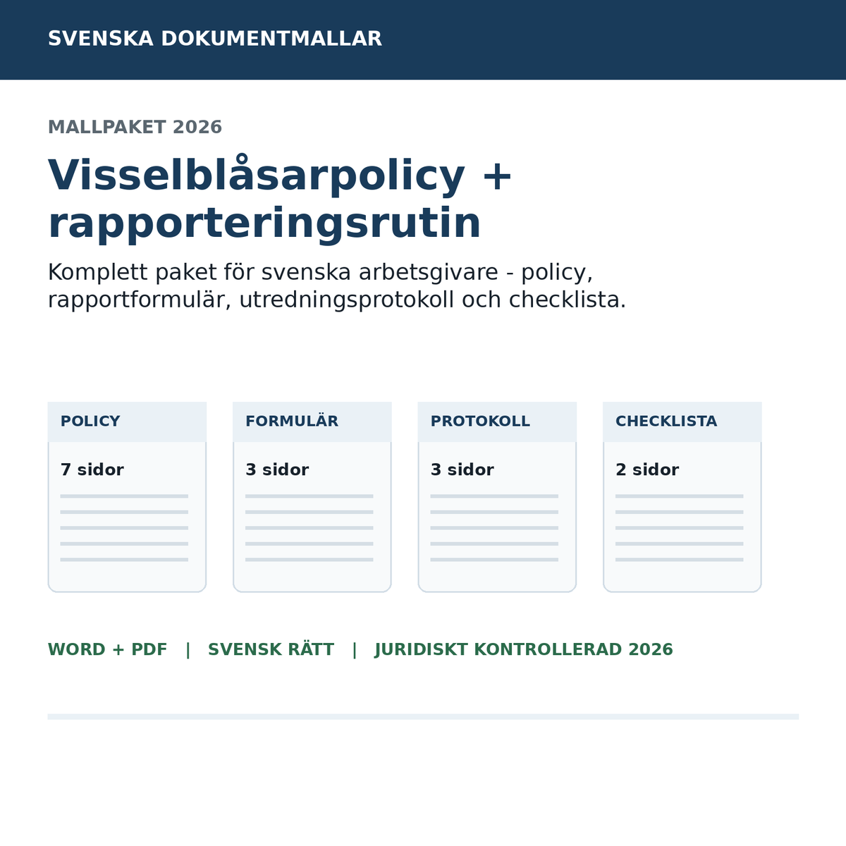 Visselblåsarpolicy mall 2026 Word PDF svensk rätt
