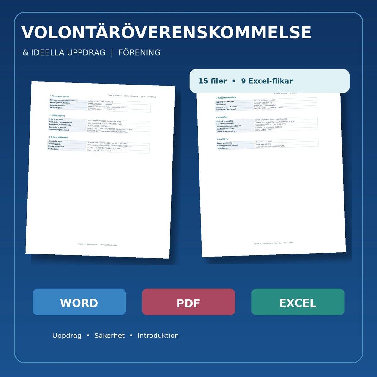 Volontäröverenskommelse ideell förening – fem svenska arbetsmallar, två guider och Excelregister i Word PDF Excel