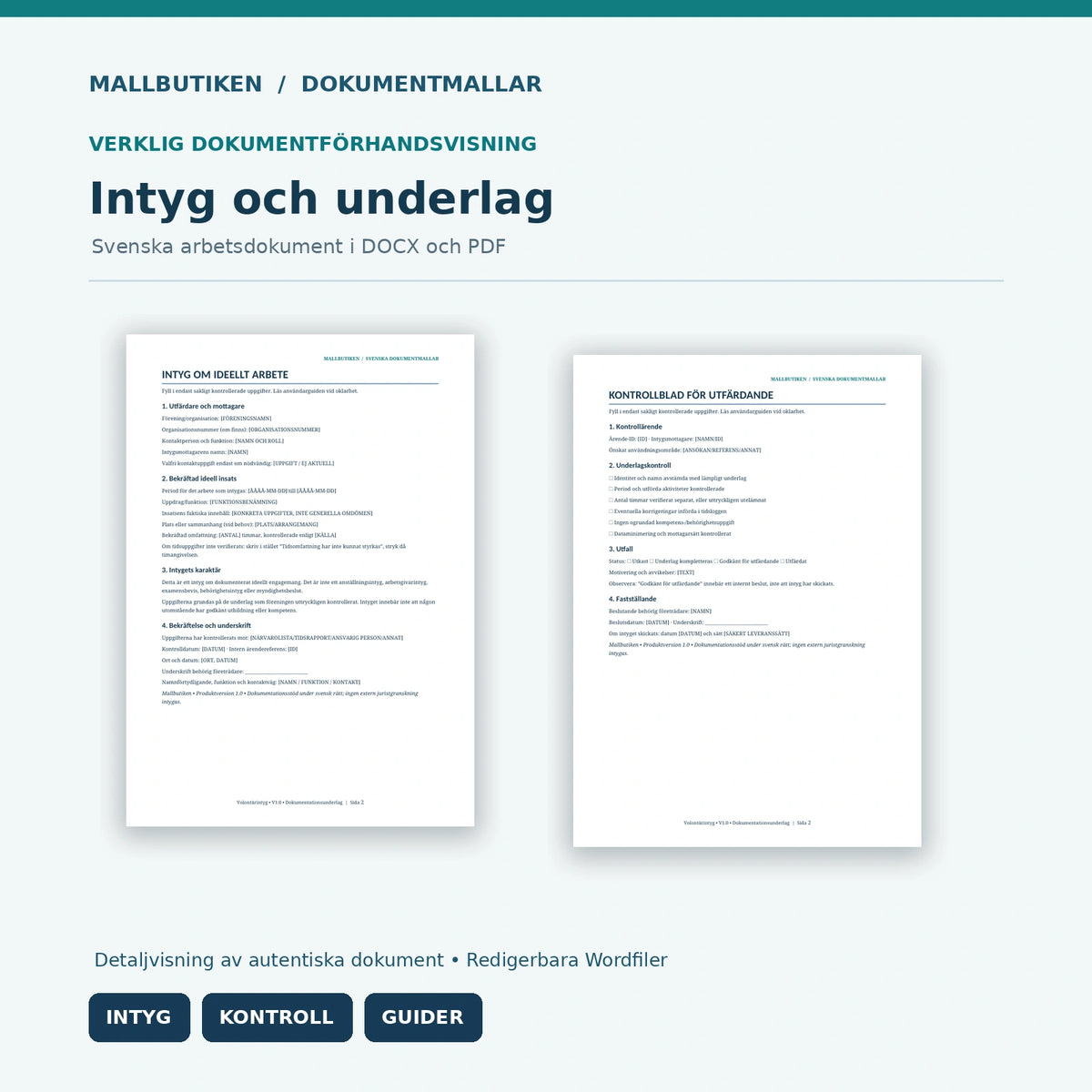 Förhandsvisning av svensk volontärintygsmall och kontrollblad för utfärdande