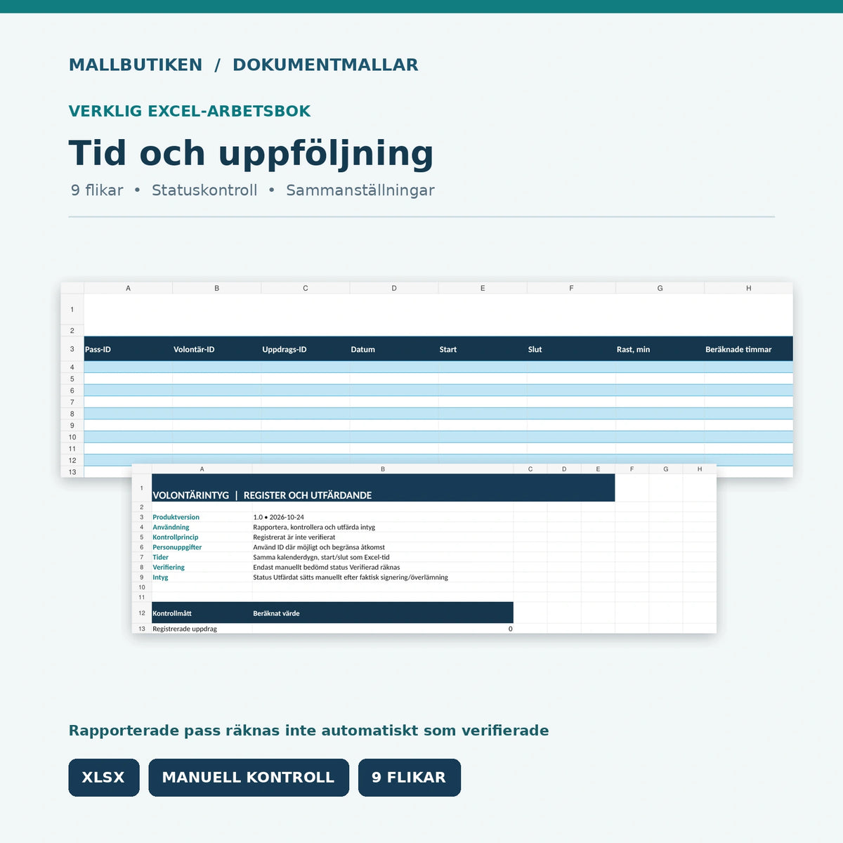 Volontärregistrets tidslogg och översikt i Excel med status för verifierade timmar