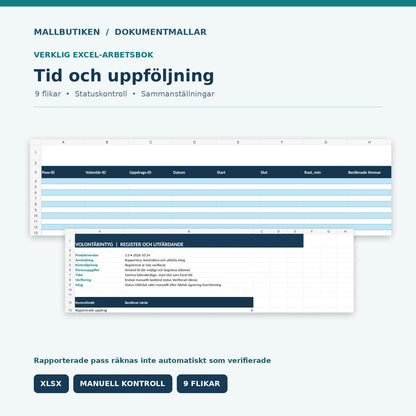 Volontärregistrets tidslogg och översikt i Excel med status för verifierade timmar