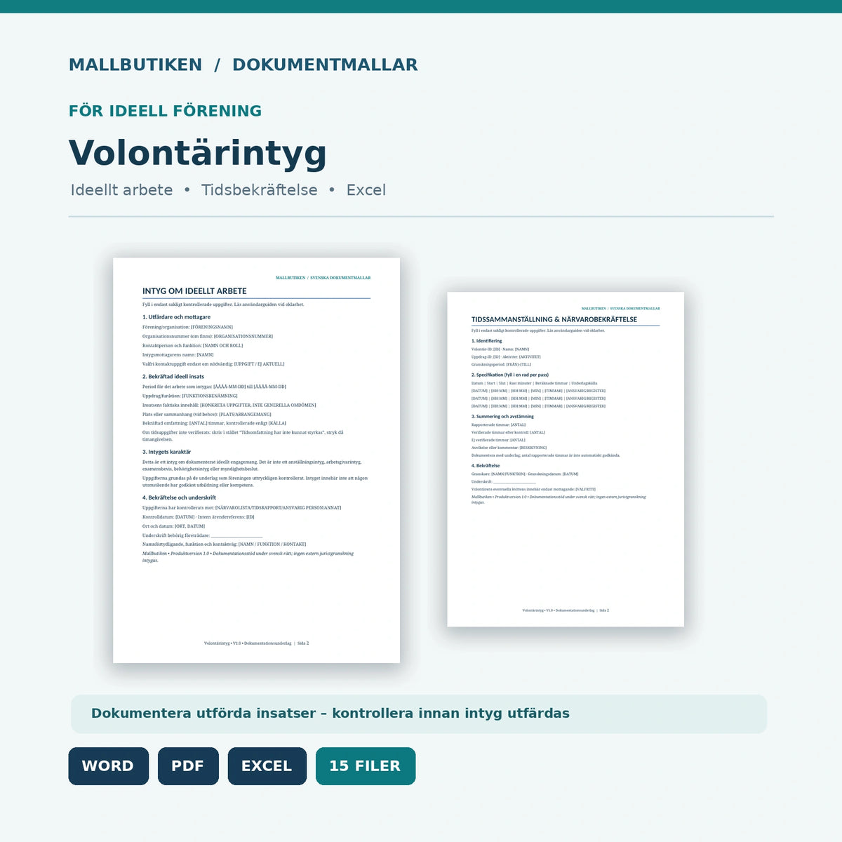 Volontärintyg för ideellt arbete – dokumentpaket i Word, PDF och Excel