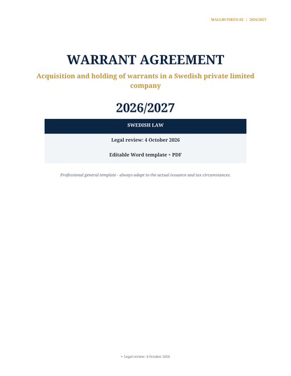 Cover of Warrant Agreement 2026/2027 under Swedish law