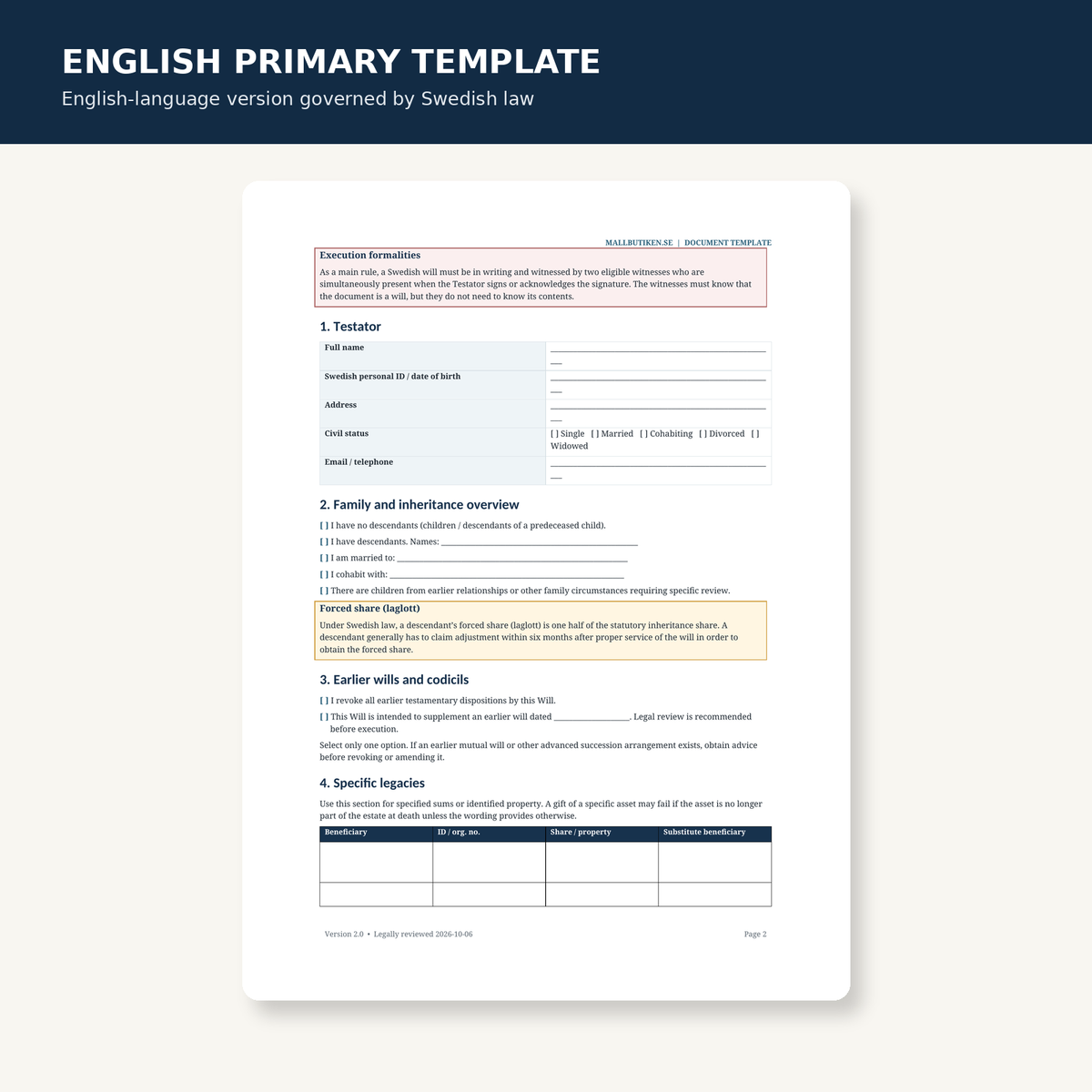 Preview of English-language will template governed by Swedish law