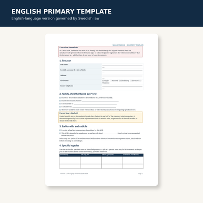 Preview of English-language will template governed by Swedish law