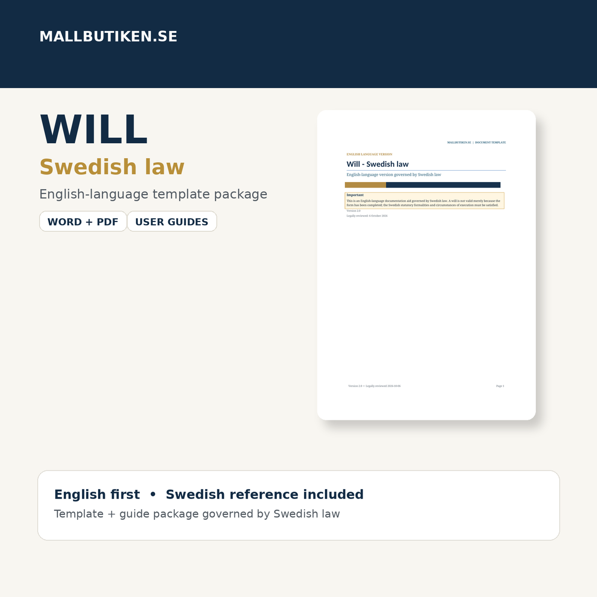 Will under Swedish law – English Word/PDF template with Swedish reference and user guides