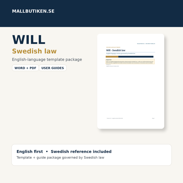 Will under Swedish law – English Word/PDF template with Swedish reference and user guides