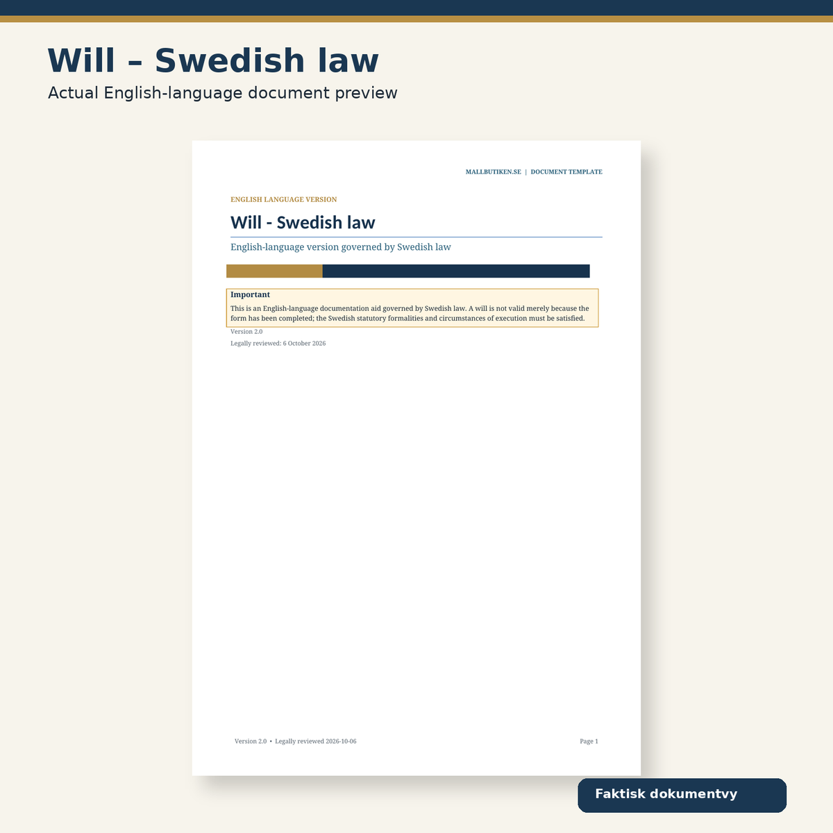 Preview of English-language will template governed by Swedish law