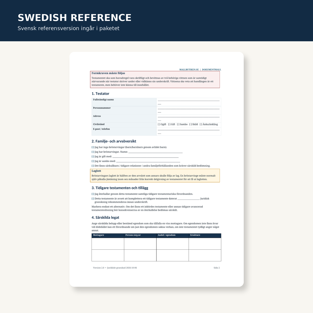 Swedish reference preview included with the English will template