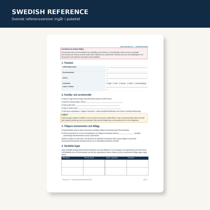 Swedish reference preview included with the English will template