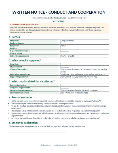 Preview of English written notice template for conduct and cooperation under Swedish law