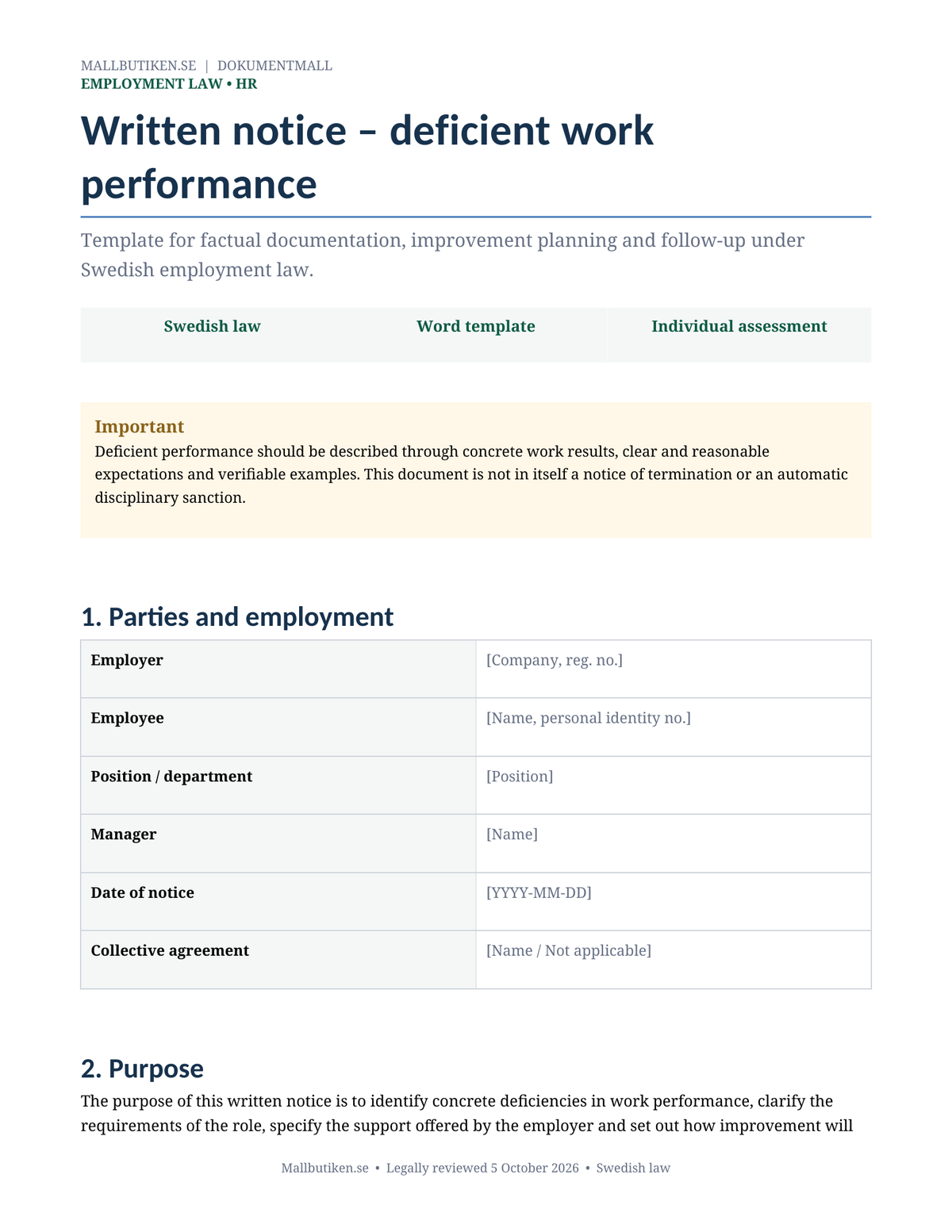 Preview of English written notice template for deficient work performance under Swedish law