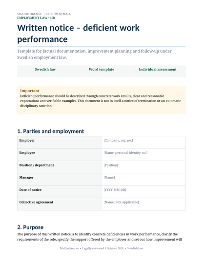 Preview of English written notice template for deficient work performance under Swedish law