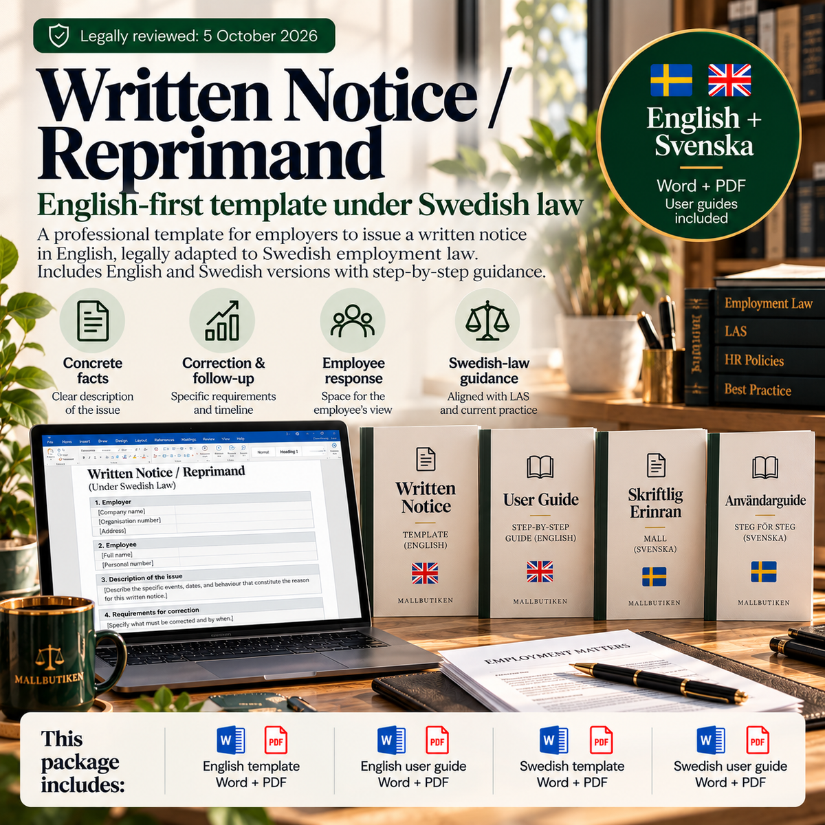 Written Notice / Reprimand under Swedish law – English-first Word/PDF template with Swedish reference version and guides