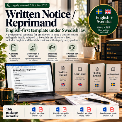 Written Notice / Reprimand under Swedish law – English-first Word/PDF template with Swedish reference version and guides