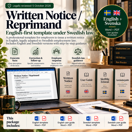 Written Notice / Reprimand under Swedish law – English-first Word/PDF template with Swedish reference version and guides