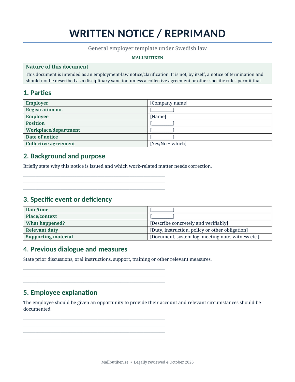 Preview of English general written notice template under Swedish employment law