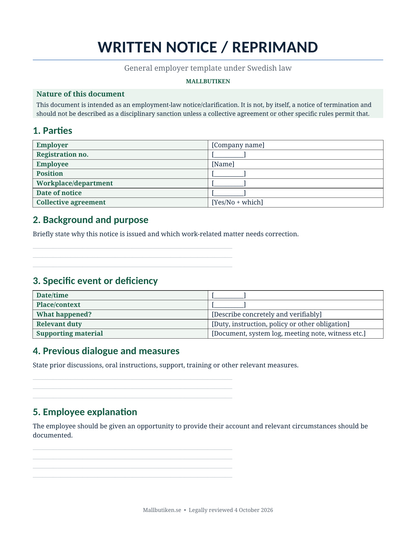 Preview of English general written notice template under Swedish employment law