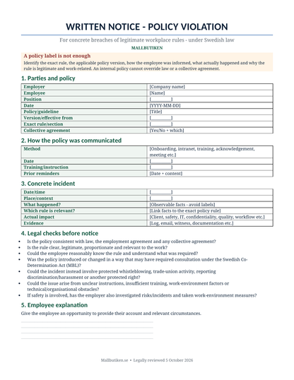 Preview of English written notice template for policy violations under Swedish law