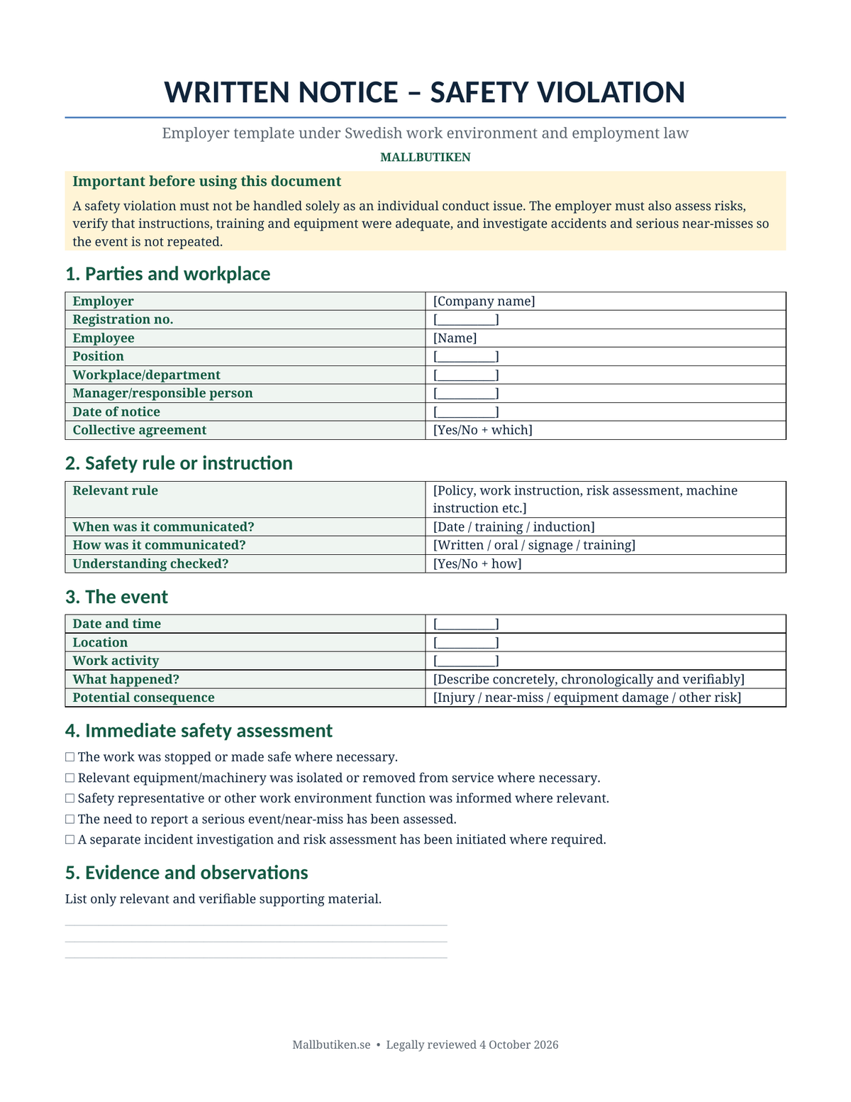 Preview of English written notice template for safety violations under Swedish law
