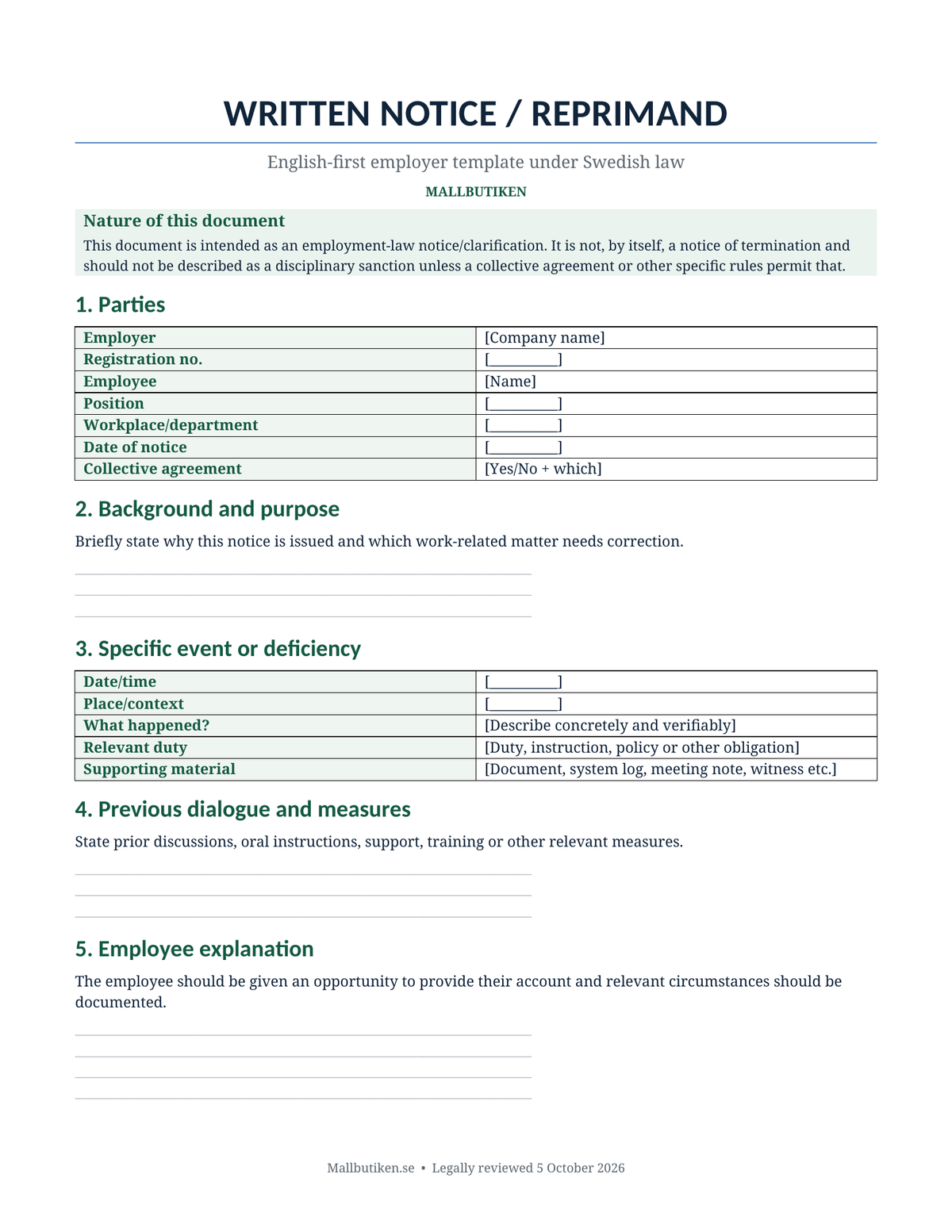 Preview of English written notice template under Swedish employment law