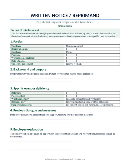 Preview of English written notice template under Swedish employment law