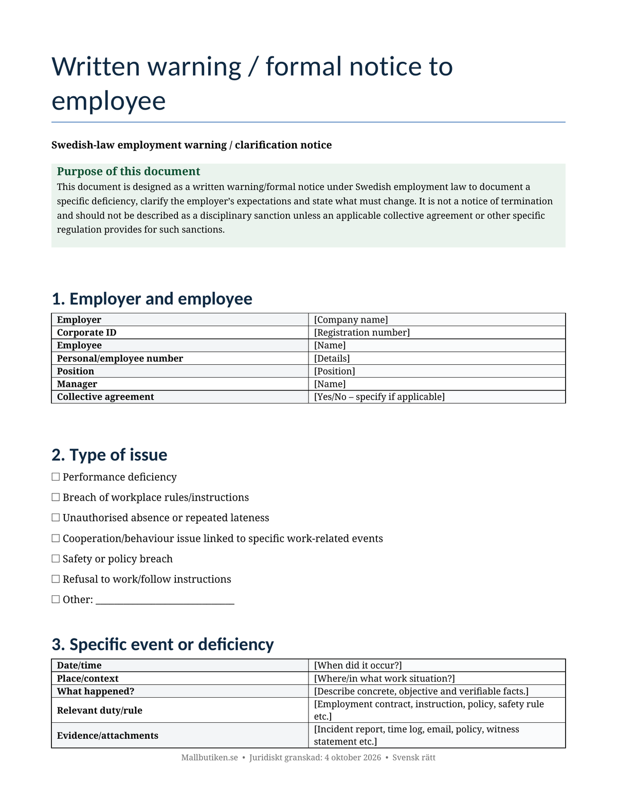 Preview of English written warning template under Swedish employment law