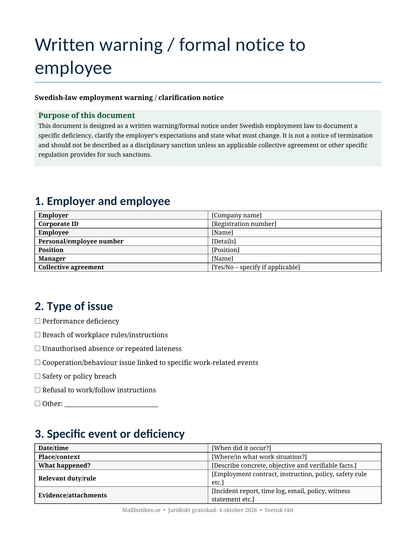 Preview of English written warning template under Swedish employment law