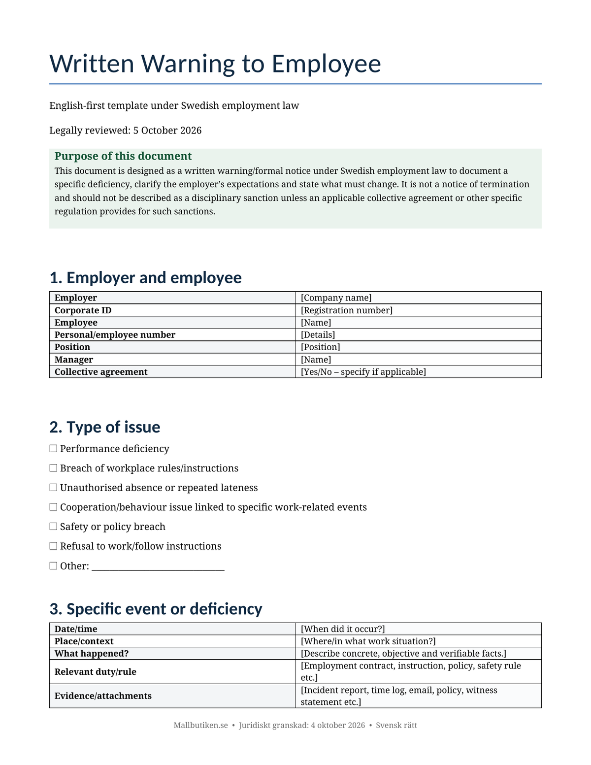 Preview of English written warning template for employees under Swedish law