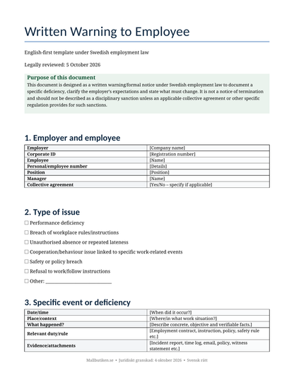 Preview of English written warning template for employees under Swedish law