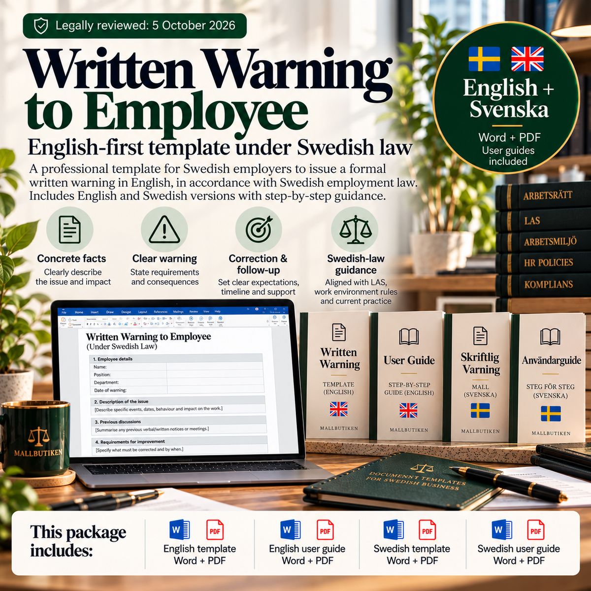 Written Warning to Employee under Swedish law – English-first Word/PDF template with Swedish reference version and guides
